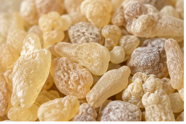 Extreme macro of Maydi resin pieces in cream, gold, amber and light brown