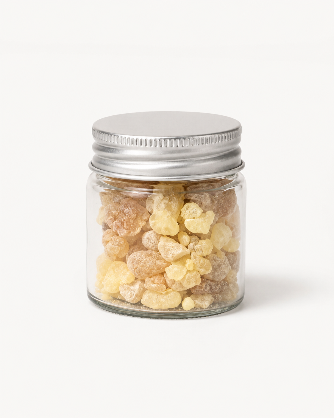 Clear 50 ml glass jar of Maydi frankincense resin with a silver screw lid, closed