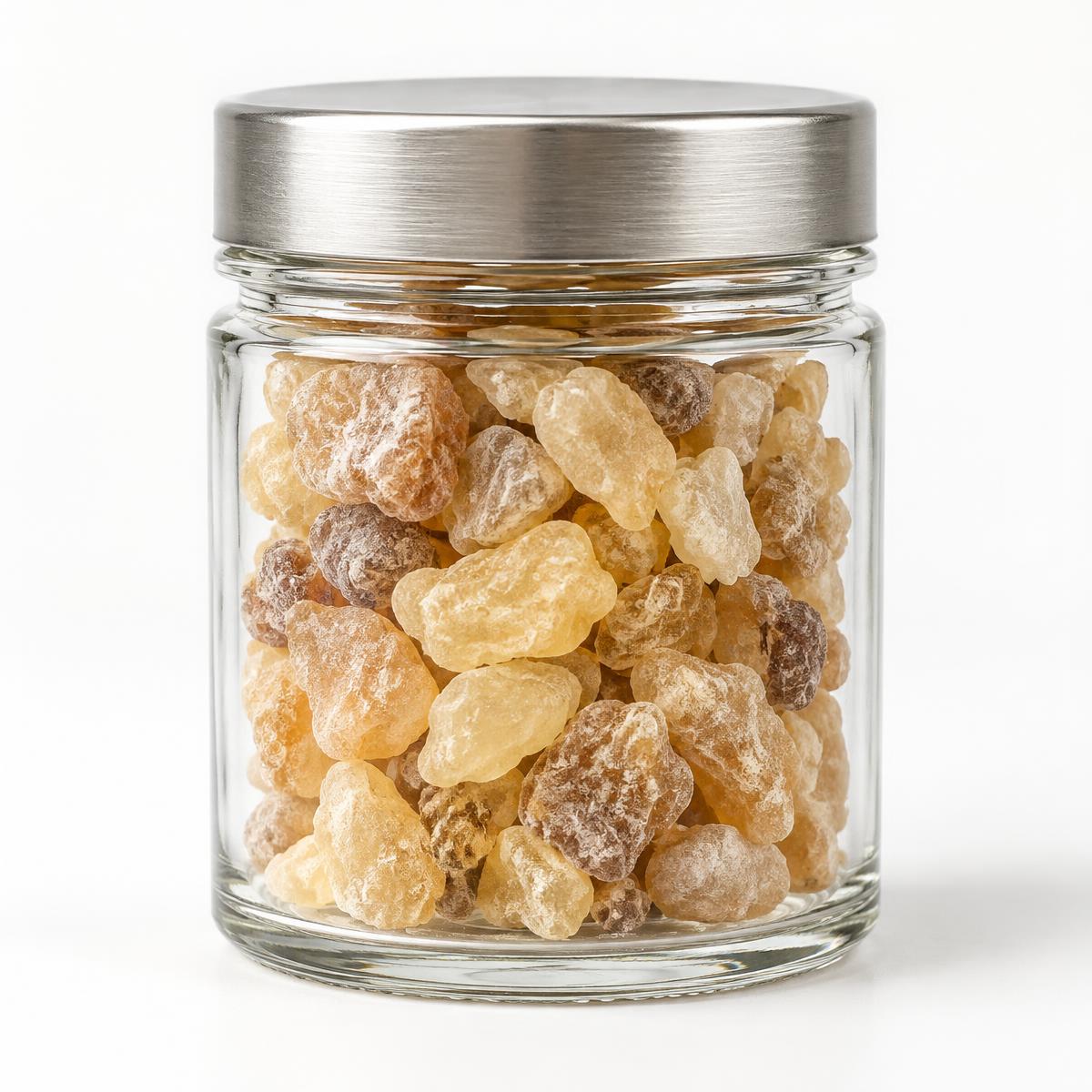 MAYDI Boswellia frereana resin in a clear 50 ml jar with silver screw lid